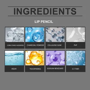 Detailed ingredients list for moisturizing lip pencil featuring charcoal powder and tocopherol.