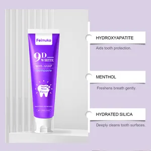Vue détaillée présentant les ingrédients et les avantages du dentifrice Feimuko 9D White