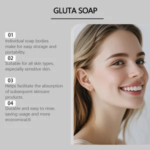 Detail infographic of glutathione soap showing skin benefits for a radiant complexion.