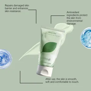 Gros plan du nettoyant Hoygi à l'argile verte avec texture et bienfaits pour la peau