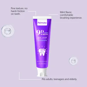 Gros plan du tube de dentifrice Feimuko 9D blancheur au goût de menthe et bienfaits nHAP