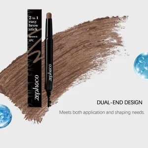 Détail du crayon à sourcils Zephoco marron avec un échantillon crémeux et brosse.