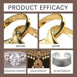 Jewelry cleaner efficacy showing before and after results for gold silver and diamond