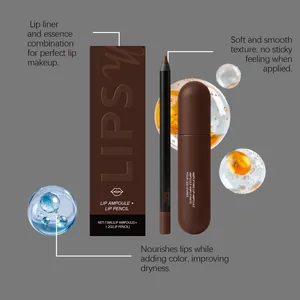 Detailed view of a brown lip gloss and lip liner set with nourishing ingredients