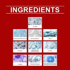 Detail van chemische ingrediënten van zachte gel nagelstickers op rode achtergrond.