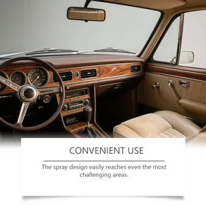 Detailed macro view of a vintage car interior dashboard polished with refurbishing spray.