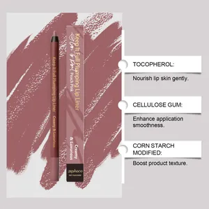 Vue détaillée du crayon à lèvres Zephoco rose pêche avec des ingrédients nourrissants.