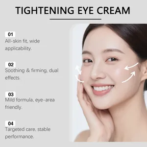 Detaillierte Ansicht der straffenden Augencreme mit asiatischem Modell und Lifting-Effekt.
