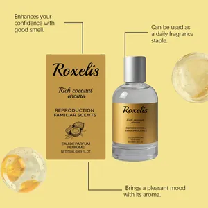 Vista dettagliata del flacone di eau de parfum Roxelis Rich Coconut e confezione.