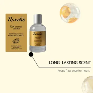 Vista dettagliata del profumo Roxelis all'aroma ricco di cocco in flacone