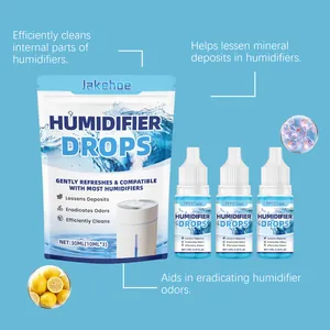Detailed view of humidifier cleaner drops showing benefits like mineral deposit removal