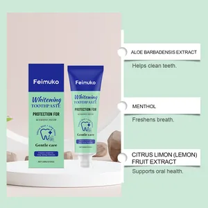 Vue détaillée des ingrédients du dentifrice blanchissant Feimuko avec aloès et menthol.