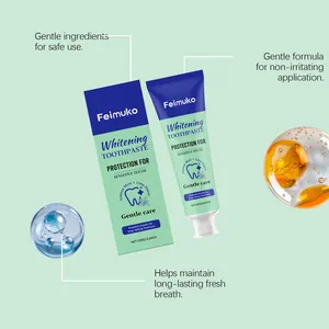 Détail du dentifrice blanchissant Feimuko montrant ingrédients doux et fraîcheur