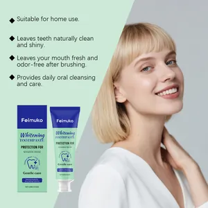 Détail du dentifrice blanchissant Feimuko au goût menthe citron avec un modèle souriant