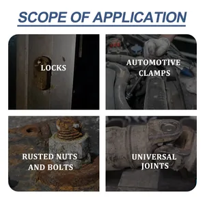 Application scope of rust remover spray for locks, automotive clamps, and rusted bolts.