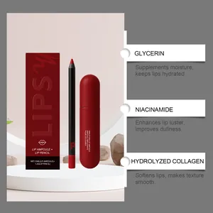 Detail of matte lip gloss and liner set highlighting key moisturizing ingredients