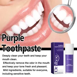 Vista detallada de la pasta de dientes morada Oralhoe que muestra el envase y el efecto.