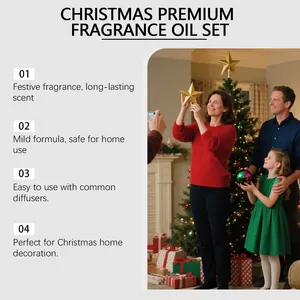Une famille décore un sapin pour présenter le coffret premium d'huiles parfumées