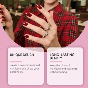 Detail of deep red glossy manicure effect showing unique design and long-lasting nail beauty.