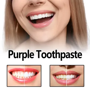 Detalle del efecto de blanqueamiento dental con pasta de dientes púrpura antes y después