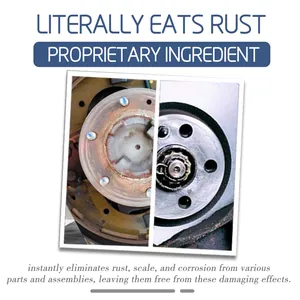 Detailed before and after rust removal effect on car brake rotor with rust converter spray