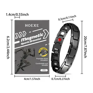 Detail view of black HOEXE magnetic sports bracelet with dimensions and packaging box