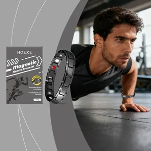 HOEXE magnetic sports bracelet detail view with exercise scene and packaging box
