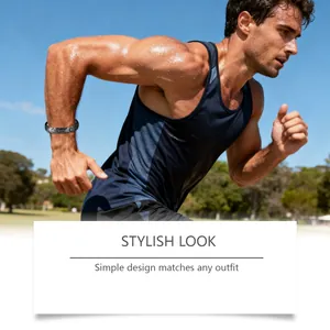 Action shot of a man running while wearing a stylish black sports link bracelet.