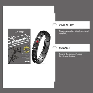 Detailed view of HOEXE magnetic sports bracelet showing zinc alloy and magnet features