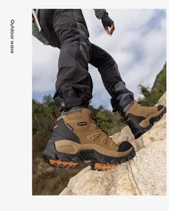 SkyPilot waterproof hiking boots shown stepping on rocky terrain for professional grip.