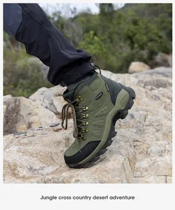 Close-up detail of SkyPilot waterproof high-top hiking boot stepping on a rock