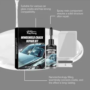 RayHong windshield crack repair kit with 20ml liquid, curing films, and razor blade tool.