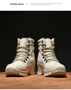 Front view of rugged beige high-top tactical combat boots for outdoor hiking and trekking