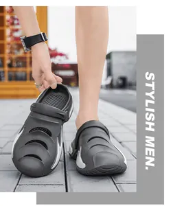 Close-up of men's casual dark grey beach clogs for indoor and outdoor wear.
