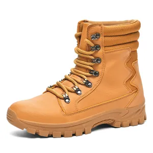 Tan high-top tactical combat boots for men, outdoor hiking boots with rugged lug sole.