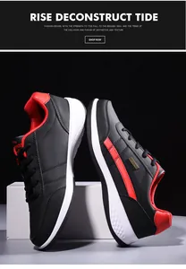 Vista laterale di scarpe sportive nere da uomo con strisce rosse e suole bianche testurizzate