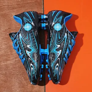Professional blue and black soccer cleats for men and youth on split background