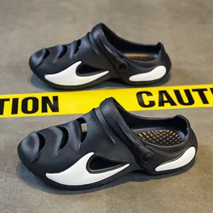 Breathable black men's casual beach clogs with white stylish accents and adjustable heel strap