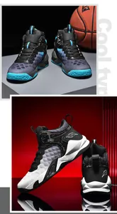 Detailed view of professional high-top men's basketball shoes in blue and white colorways.