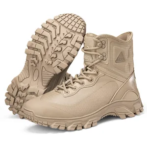 Durable sand-colored tactical combat boots for men, professional outdoor hiking mid-top boots.