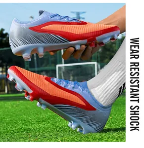 Detailed action shot of seamless flyknit soccer cleats showing sole texture and studs