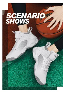 Detailed view of white high-top basketball shoes for men on a professional sports court