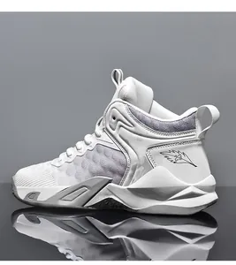 Detailed side view of white high-top basketball shoe with textured mesh upper.