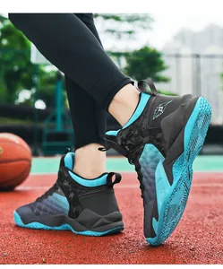 Detail of men's high-top basketball shoes in black and blue with camouflage accents.
