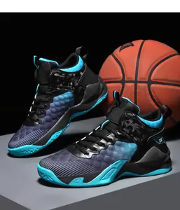 Detailed side view of blue and black high-top basketball shoes with number 23