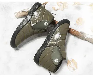 Army green outdoor winter snow boots with warm fleece lining and non-slip rubber soles.