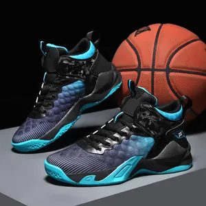 Professional men's high-top basketball shoes with blue cyan gradient and athletic design