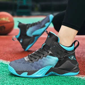 High-top men's basketball shoes with blue gradient and camo design on outdoor court