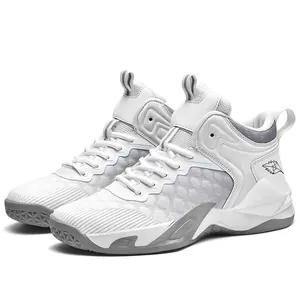 High-angle view of white and grey men's professional breathable basketball shoes