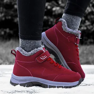 Warm burgundy winter snow boots with thick fleece lining and high-top design for cold weather